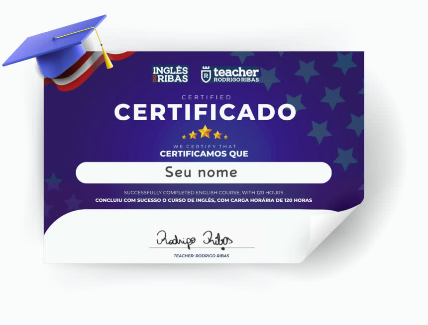 Certificado de conclusão do curso de inglês, com carga horária de 120 horas, assinado por Rodrigo Ribas