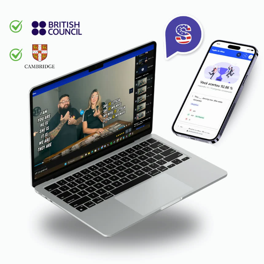 Notebook com uma aula do curso conduzida por Rodrigo e Letícia, e celular mostrando o resultado de um exercício corrigido